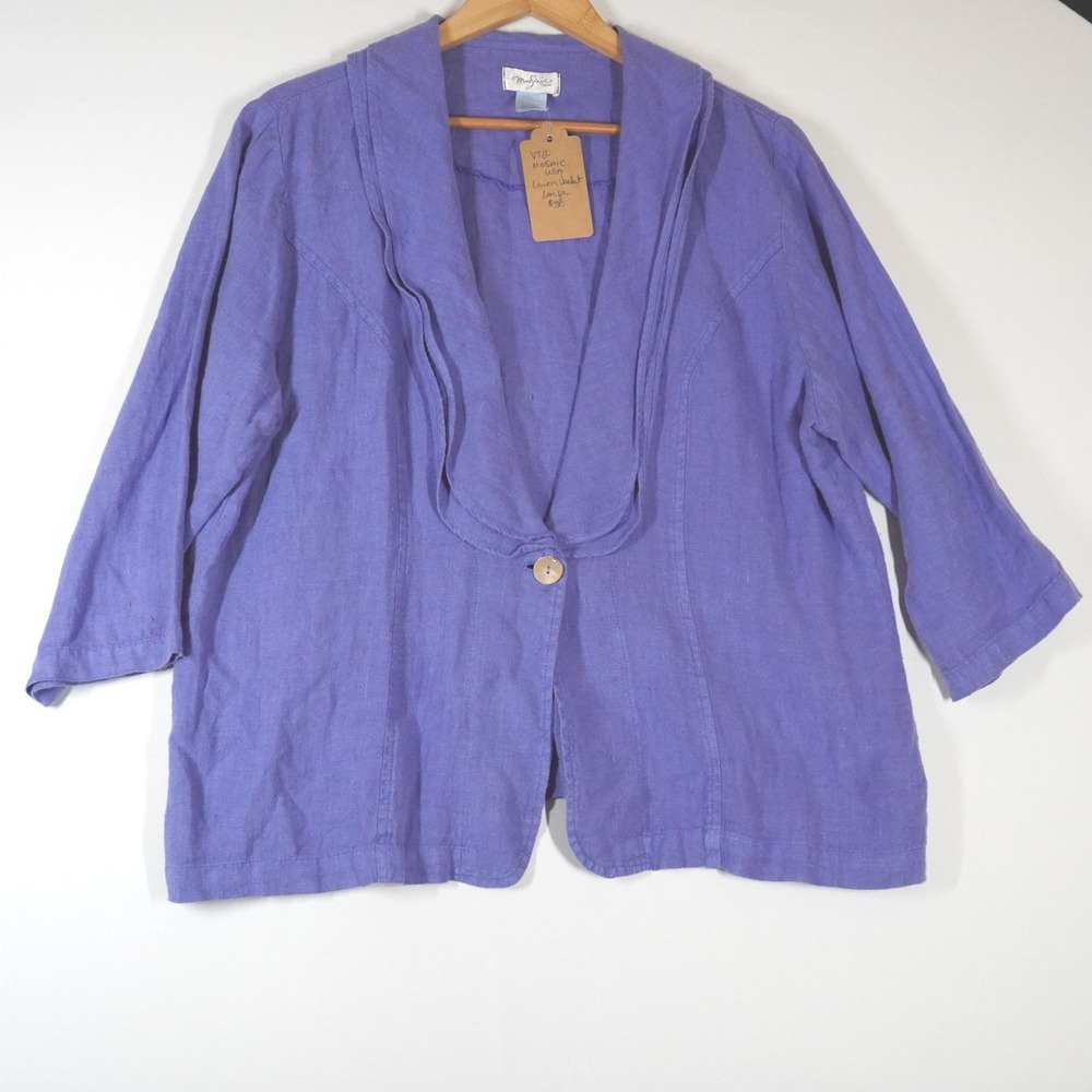 VTG Mosaic USA Linen Jacket Purple Periwinkle Ruffle Shawl Collar L Lagenlook‎